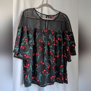 Vince Camuto Sheer Floral Black Blouse Ruffle Flutter Yoke Shoulder Top Large